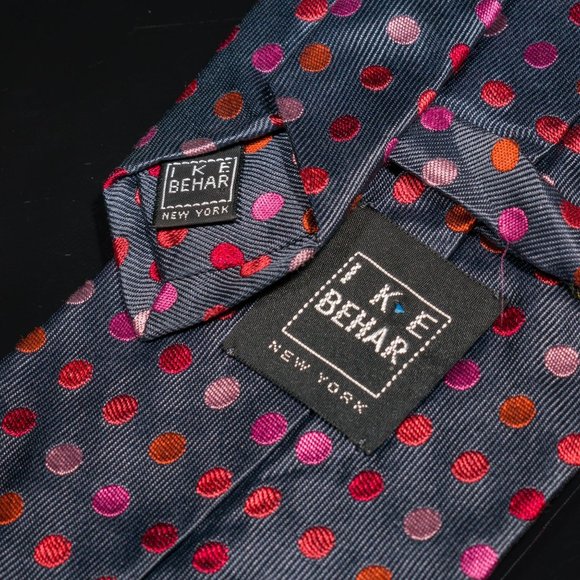 Ike Behar Grey Multicolor Polka Dot 100% Silk Men's Designer Tie USA - Picture 4 of 5